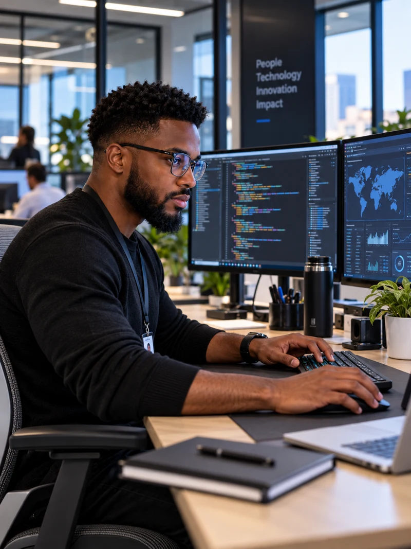 Technology specialist working at a dual-monitor workstation in a modern office